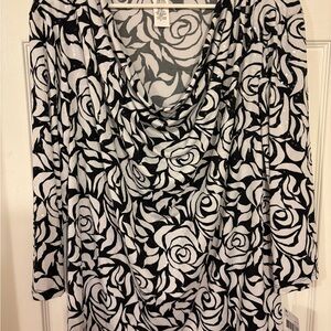 BNWT MSK 3x black/white dressy glittery floral blouse cowl neck 3/4 sleeves